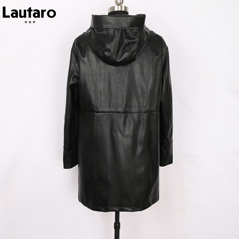 Lautaro Black leather jacket women Plus size hooded windbreaker women long sleeve zipper drawstring Faux leather jackets women 201030