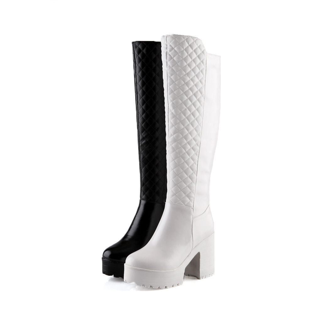 Women Fashion White Black Diamond Sewing Winter Autumn Knee High Boots Square Heels Long Platform Boots for Women 35-43 WSH3689