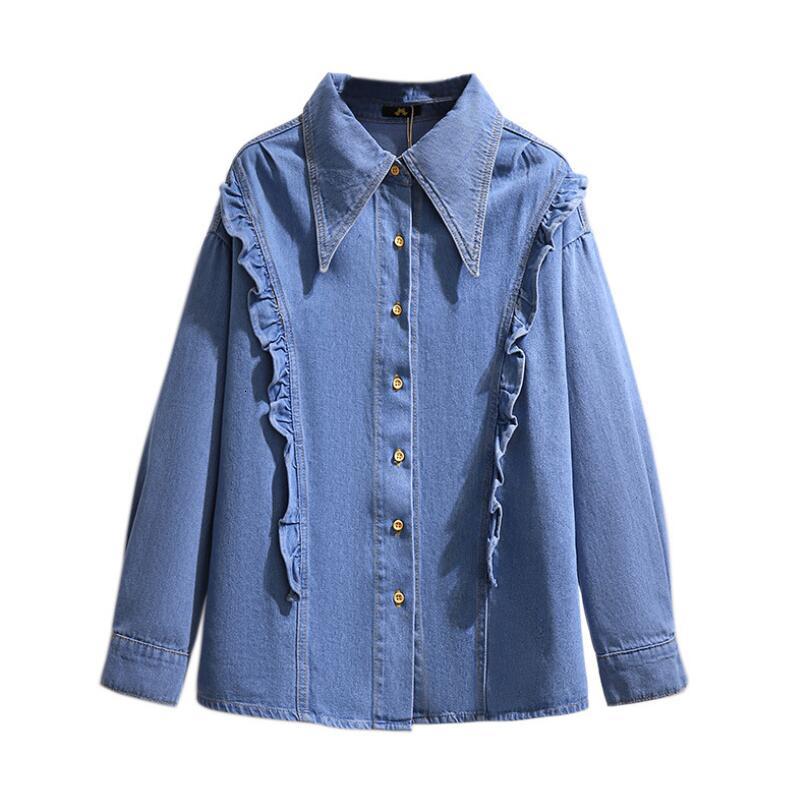 Plus Size 2021 Spring Loosed From Wood Ear Denim Shirt with Casual Female Ears Lapel Long Sleeve Jeans P2324 Blouse 2ind, Blue 
Plus Size 2021 Spring Loosed From Wood Ear Denim Shirt with Casual Female Ears Lapel Long Sleeve Jeans P2324 Blouse 2ind, Blue