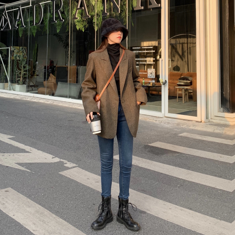 Fashion Autumn Women Stripe Woolen Blazers and Jackets Work Office Lady Suit Slim Double Breasted Business Female Blazer Coat 201106