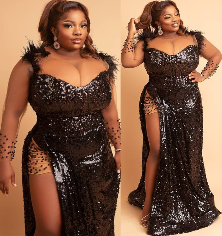 2022 Plus Size Arabic Aso Ebi Black Sparkly Sexy Prom Dresses Beaded Feather Evening Formal Party Second Reception Birthday Engagement Gowns Dress ZJ2