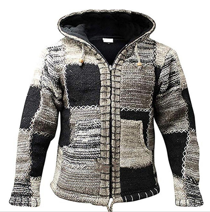 Autumn Men Hooded Wool Cardigan Sweater Jumper Winter Fashion Patchwork Knit Outwear Coat With Pocket 201124