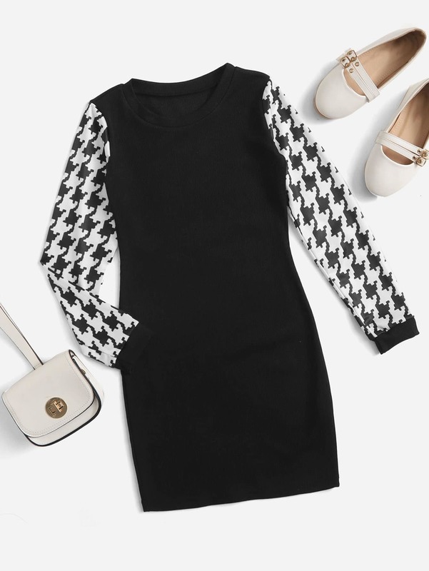 Girls 1pc Houndstooth Print Dress SHE