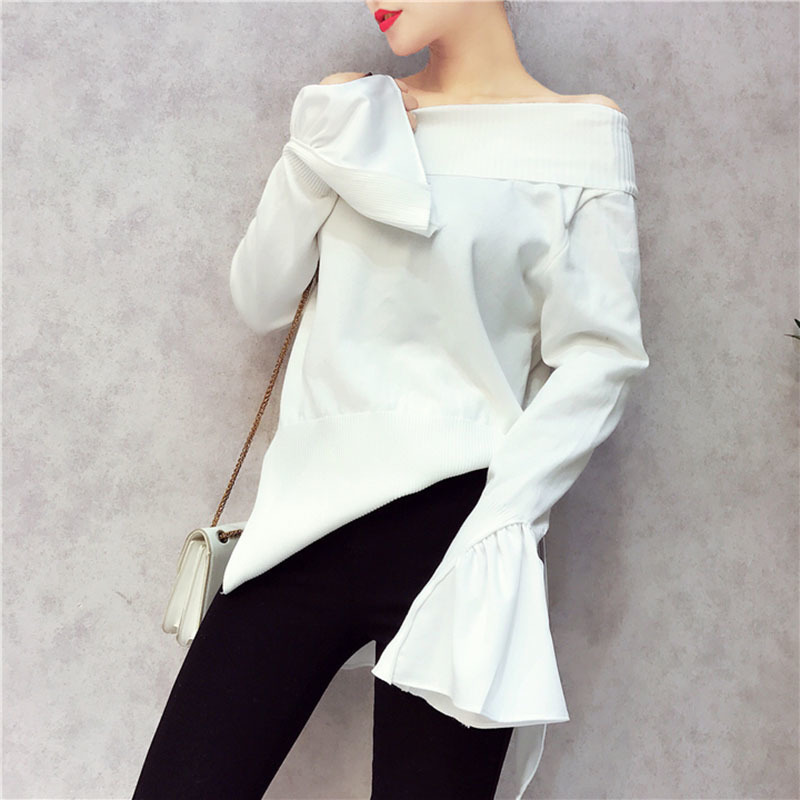CHICEVER Spring Patchwork Pullovers Knitted Sweater For Women Turtleneck Flare Sleeve Irregular Female Jumper Sweaters Tide 201221