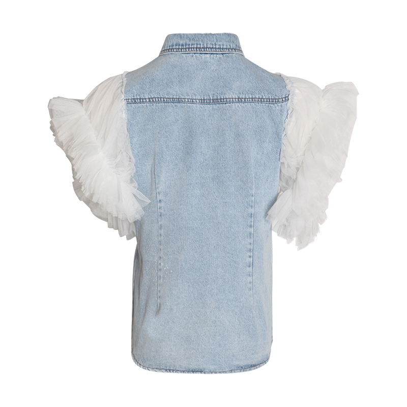 TWOTWINSTYLE Ruffles Denim Patchwork Women's Jacket Lapel Collar Puff Sleeve Summer Long Coats Female Y201006