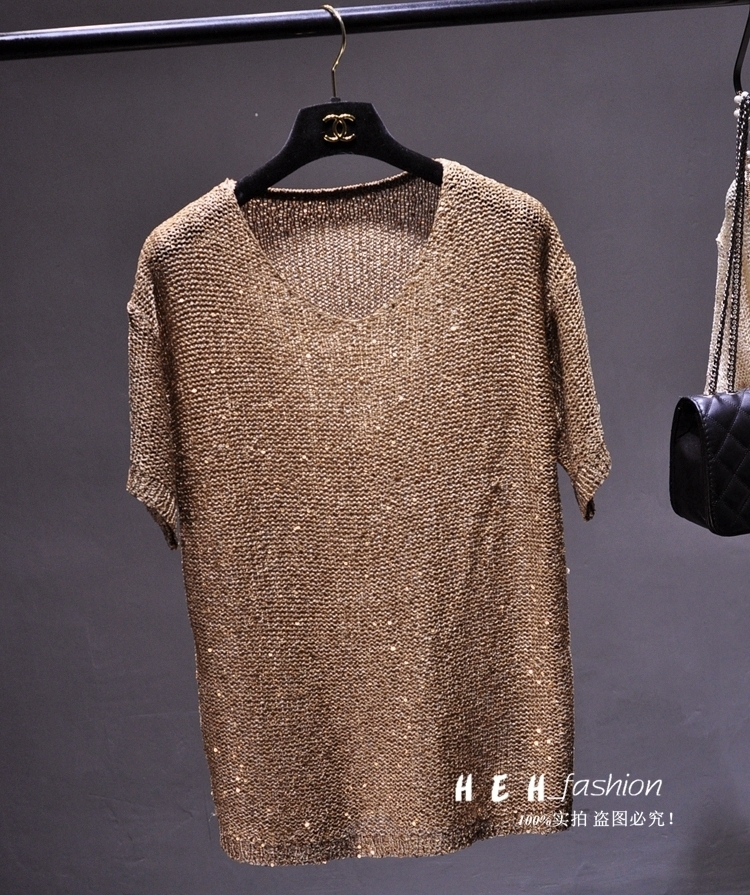 Cakucool Women Sequins knit shirt Short Sleeve Blouse O neck gold Lurex BasicTops Korean Loose Casual Blusa shirts Femme Khaki T190611