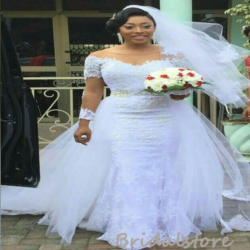Nigeria Plus Size Mermaid Wedding Dress With Overskirt Train Aso Ebi White Long Sleeve Country Bride Gowns 2022 Beaded African Bridal Dress Robes De M