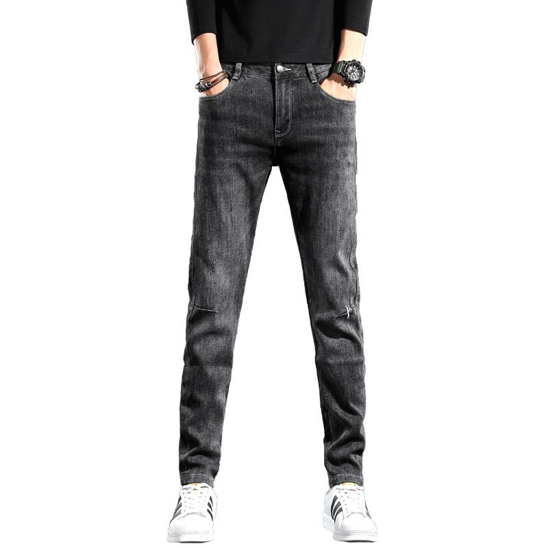 2021 Korean Style Men Jeans Fashion Black Gray Slim Fit Pencil Pants