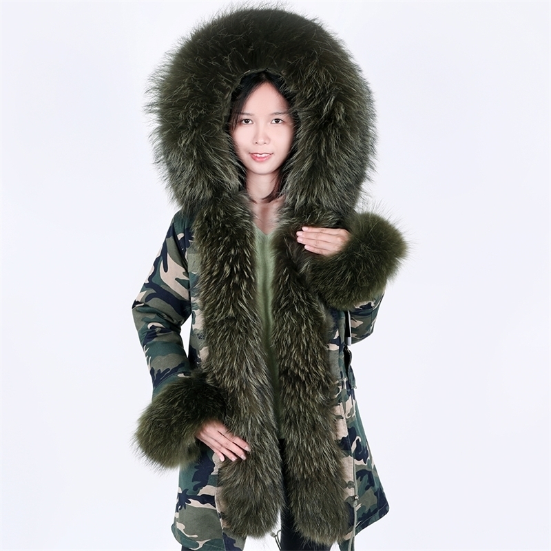 MaoMaoKong natural real raccoon fur coat jacket real raccoon fur leader hooded coat short parka long camouflage winter jacket 201029