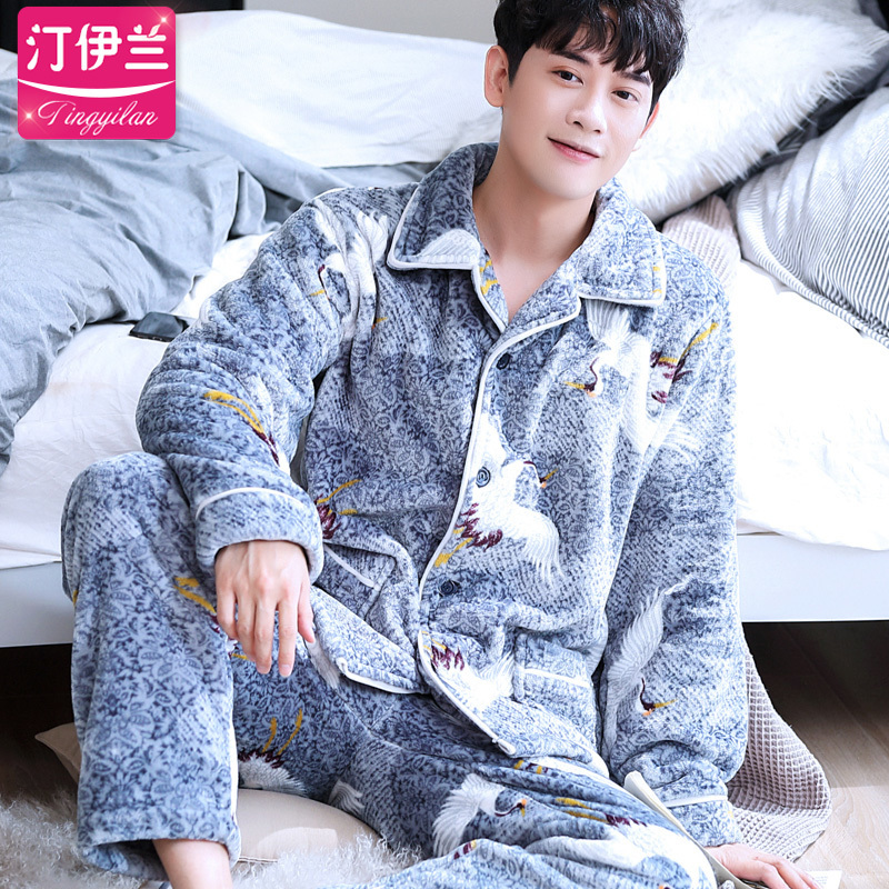 H5898 Sleepwear Young Men Pajamas Set Thick Flannel Cute Homewear Male Coral Velvet Large Size Long Sleeve Winter Warm Nightwear 201109