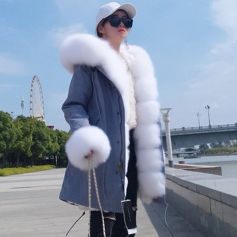 Women Pure cotton jacket real rabbit lined long jacket new collar park's coats fur coat 201016