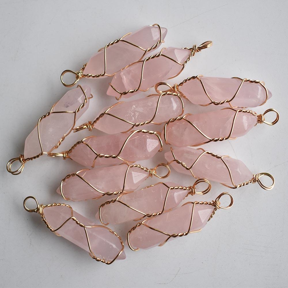 Natural stone pink quartz charms pillar shape point handmade iron wire Amethyst pendants for jewelry necklace earrings making
