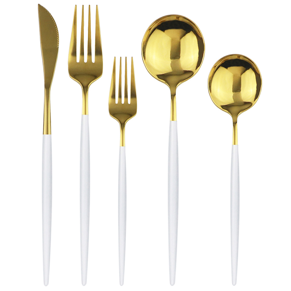 6set/30pcs White Gold Cutlery Set 18/10 Stainless Steel Dinnerware Set Knife Dessert Fork Spoon Silverware Kitchen Tableware Set 201113
6set/30pcs White Gold Cutlery Set 18/10 Stainless Steel Dinnerware Set Knife Dessert Fork Spoon Silverware Kitchen Tableware Set 201113
