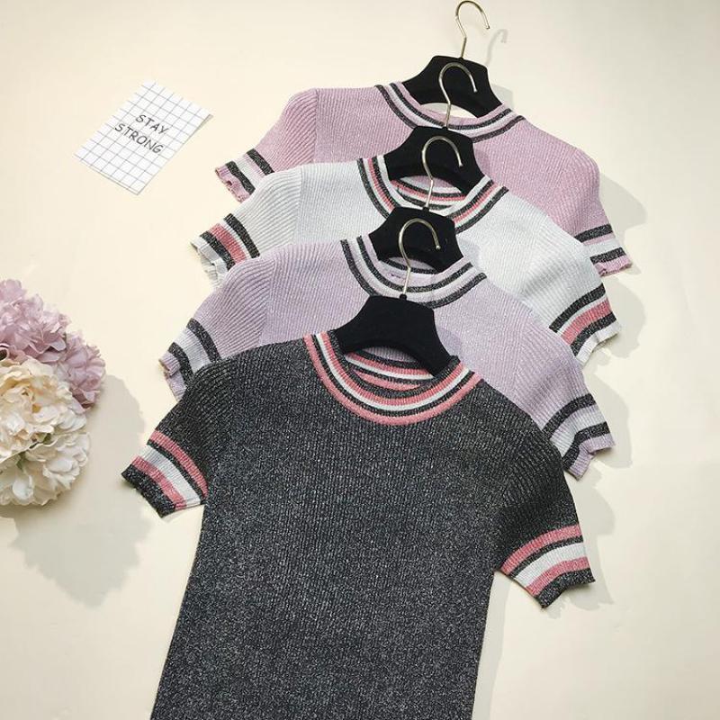 Bling Summer Tees For Women Knitted Tops O-neck Short Sleeve Sweaters 2019 Ice Cool Knitting shirts Striped Casual Clothings T200116