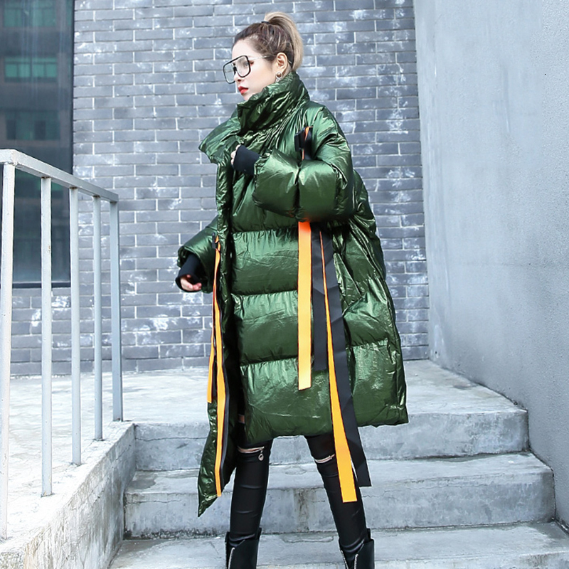TWOTWINSTYLE Irregular Patchwork Bandage Cotton Coats Female Stand Collar Long Sleeve Asymmetrical Women's Parkas Fashion 201017