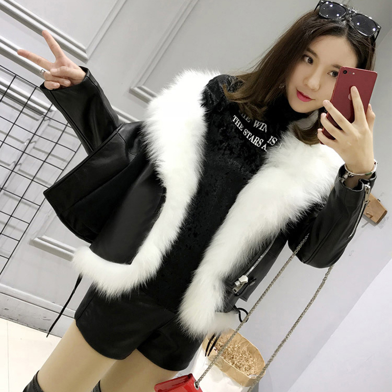 Fitaylor Winter Faux Leather Jackets Women White Faux Fur Vest Black Pu Leather Motorcycle Coat Female Snow Short Outerwear 201020