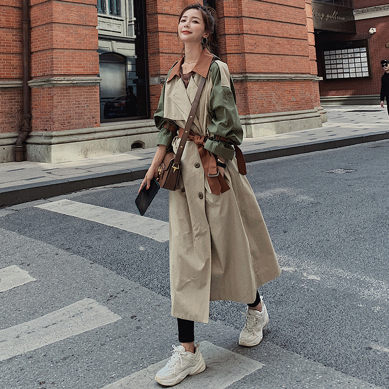 [DEAT] New Autumn Fashion Women Trench Coat Hit Color Patchwork Full Sleeve Lapel Collar Casual Loose Wild With Belt TX881 201102