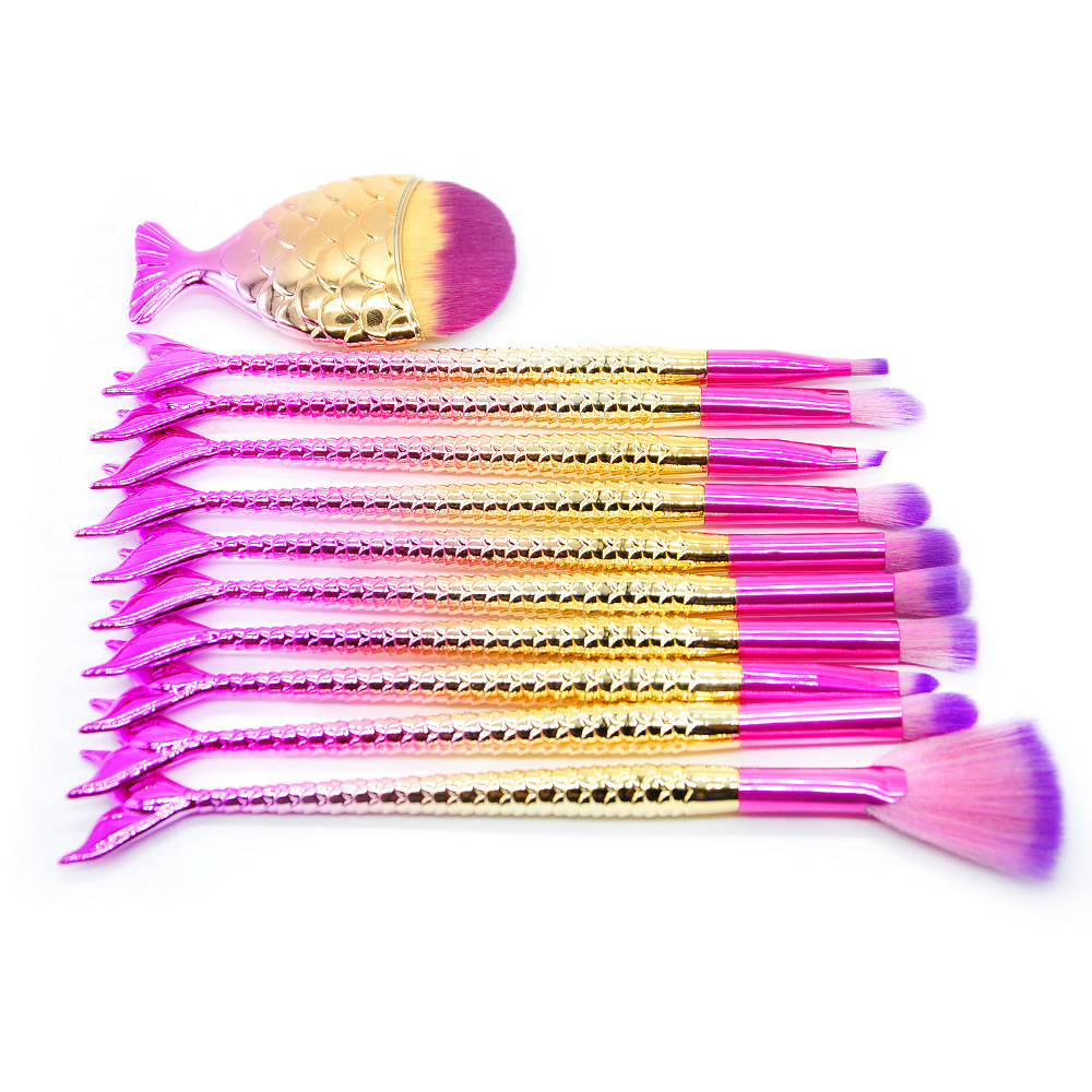 11pcs Mermaid Makeup Brushes Set Fish Tail Powder Foundation Eyebrow Eyeliner Blush Cosmetic Concealer Mermaid Brushes Juego De Pinceles De Maquillaje