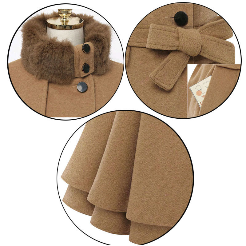Woolen Coat Double Breasted Lapel Long Coat Female Thicken Autumn Winter Slim Belt Pleated Trench Coats Lady Fur Collar Peacoat 201112