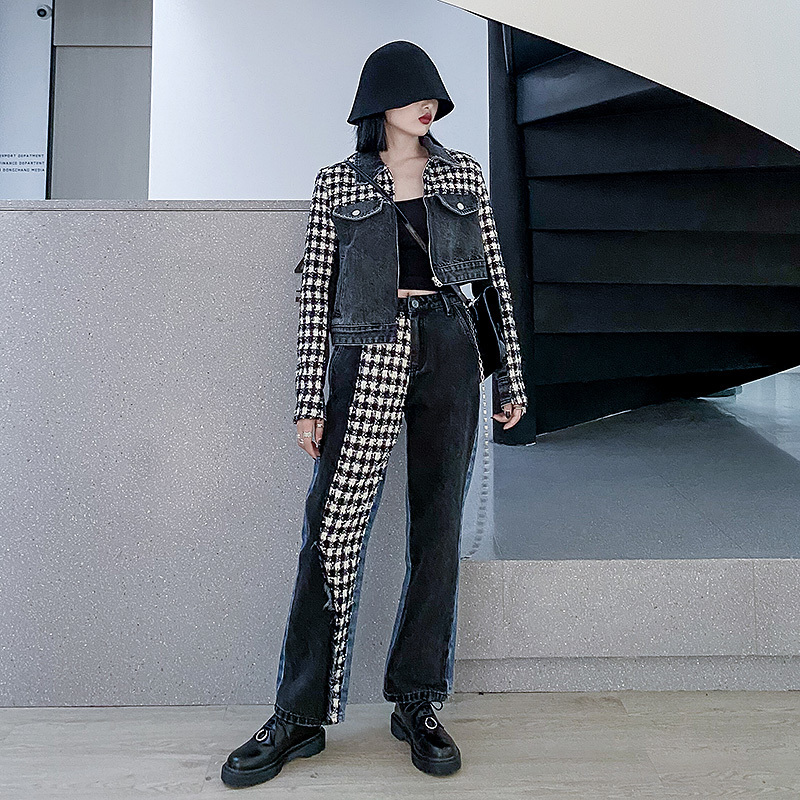 EAM Loose Fit Blak Irregular Tweed Big Size Denim Jacket Lapel Long Sleeve Women Coat Fashion Spring Autumn 1DA924 201029