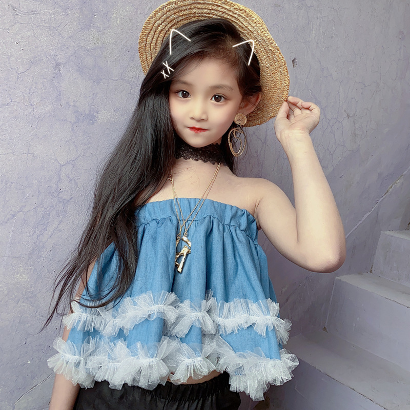 Spring and Summer Girls' Small Fragrance Style Suit New Wrapped Chest Top + Lace Lace Bell Pants Suit Children's Ladies StyleX1019