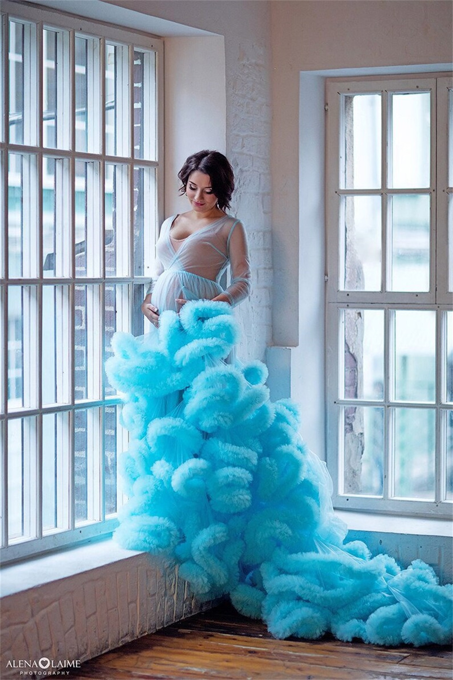 Sky Blue Pregnant Women Night Robe Wedding Bride Bridesmaid Robes Tulle Lace Sleepwear Pyjamas Long Lingeries Bridal Party Shower Robe