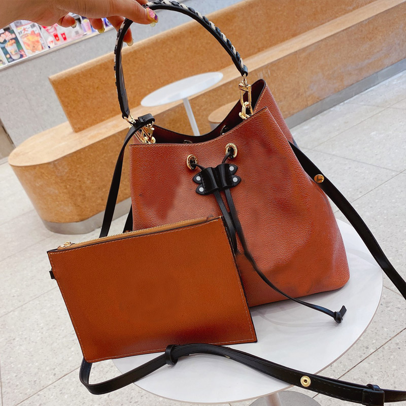 TOP Neonoe Bucket Bag Fashion Handbag Purse Embossed Letter Graind Genuine Leather Shoulder Crossbody Bags Flower Printing Drawstring Handbags Adjusta