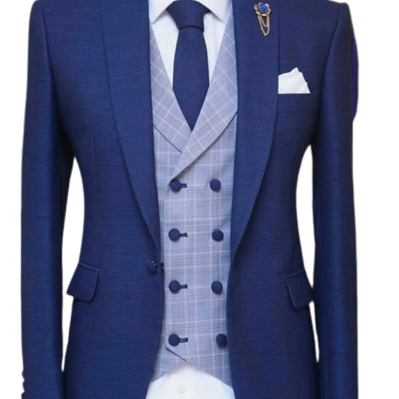 3 Piece Blue Men Suits for Wedding with Peaked Lape Groom Tuxedo Male Fashion Set Jacket Plaid Vest Pants New Arrival 201105