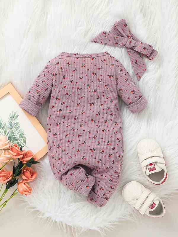 Baby Ditsy Floral Quarter Button Jumpsuit With Headband SHE