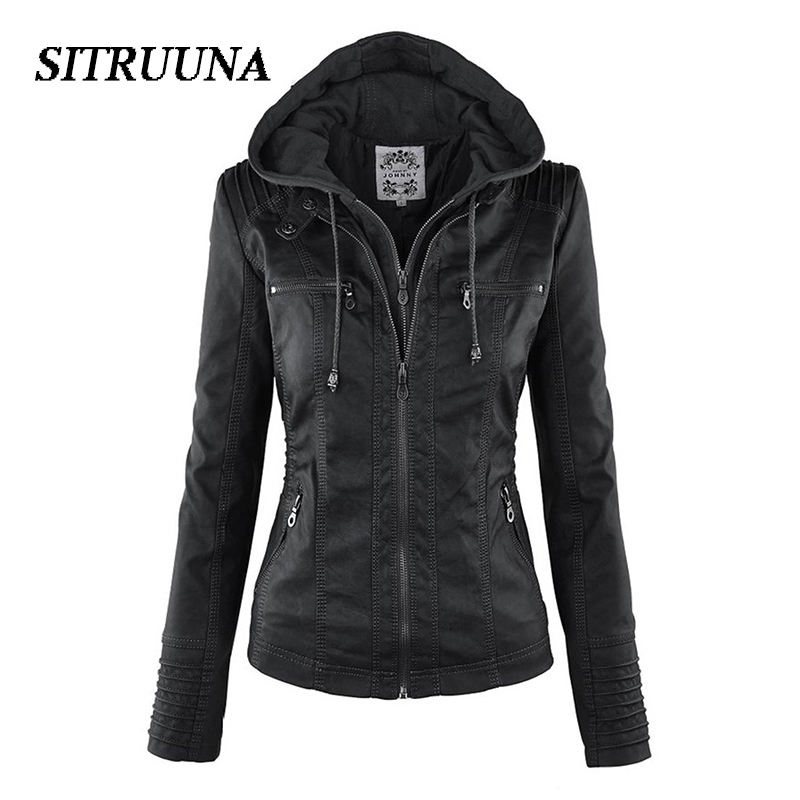 Sitruuna Women hoodies Winter Moto Jacket Hot Turn Down Collor Ladies Outerwear faux leather PU female Jacket Coat 201028