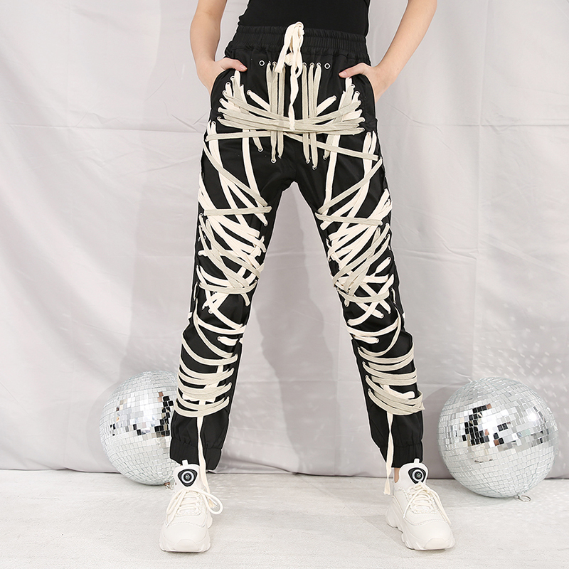 DEAT Autumn And Winter Elastic Drawstring Cross Full Length Slim Feet High Street Pants Female Trousers Colored 201228