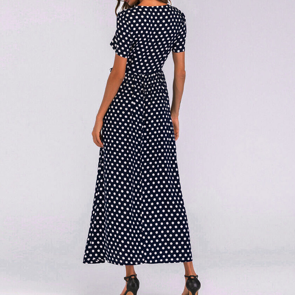 Summer Dress Women O-Neck Short Sleeve Boho Polka Dot Bandage Maxi Long Dress Women Beach Sundress Plus Size Vestidos T200604