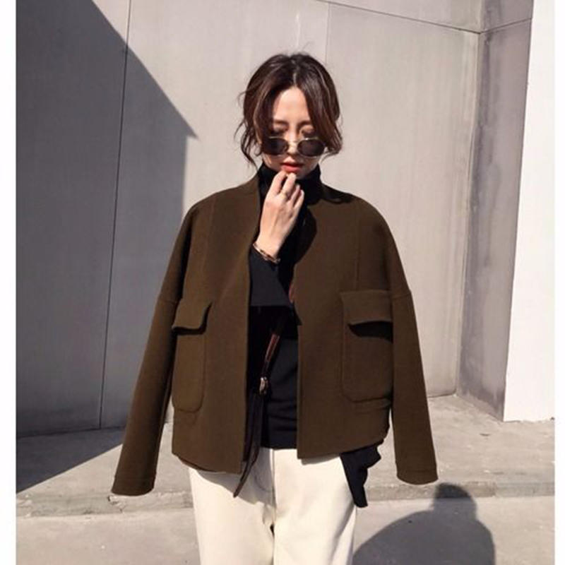 Autumn Winter Korea Fashion Women Loose Short Jacket Thicken Plaid Woolen Coats Double Pocket Cardigan Vintage Coat S218 201126
