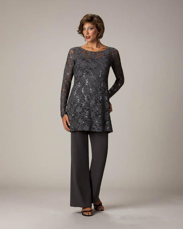 Three Pieces Elegant Mother Of The Bride Suits Glitter Lace Top Chiffon Pant Plus Size Wedding Guest Party Dresses Custom Made