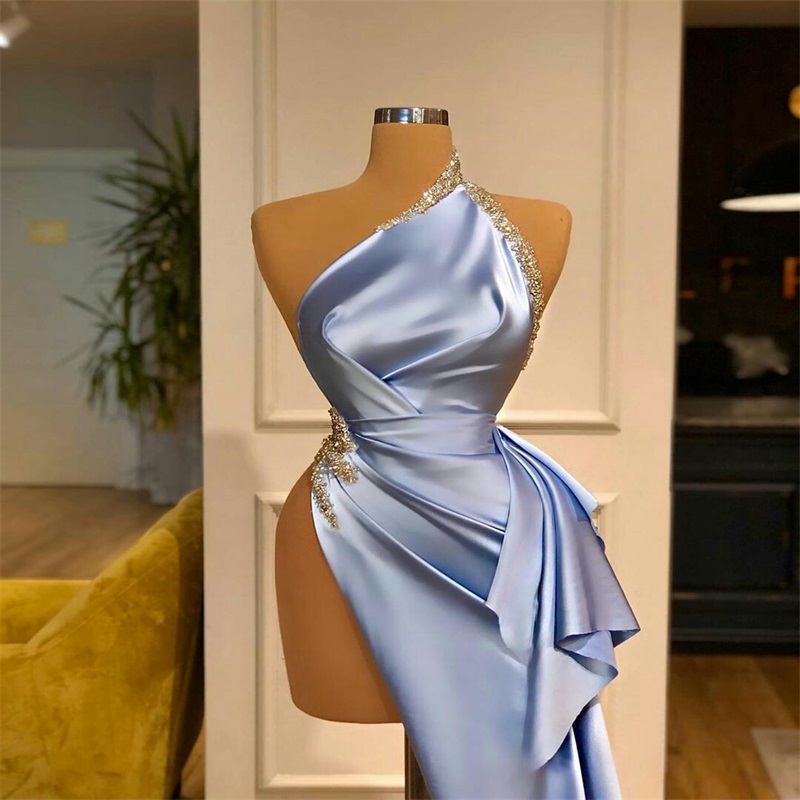 Royal Blue Prom Dresses One Shoulder Beaded Evening Dress Glitter Bling Custom Made Sweep Train Side-split A-line Formal Party Dress