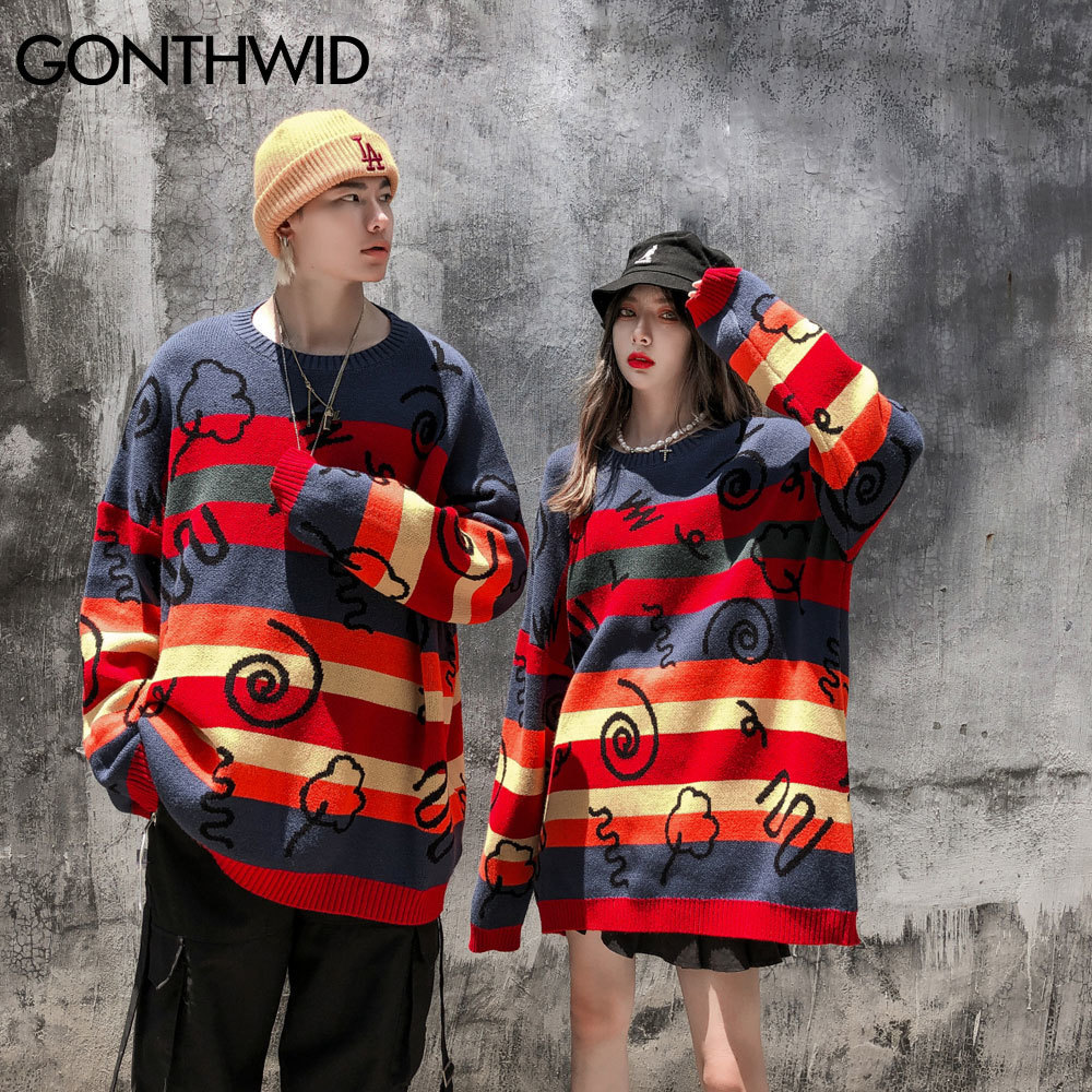 GONTHWID Color Block Rainbow Stripe Knitted Jumper Sweaters Streetwear Men Hip Hop Harajuku Casual Pullover Knitwear Tops 201022