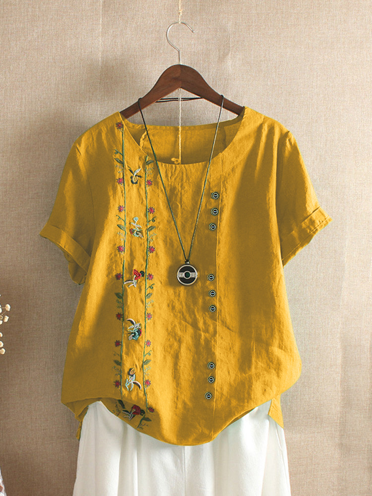 plus size 5xl Summer Kawaii Embroidery of cotton and linen flowers T Shirts Women o neck Short Sleeve Tops Tees Casual Female