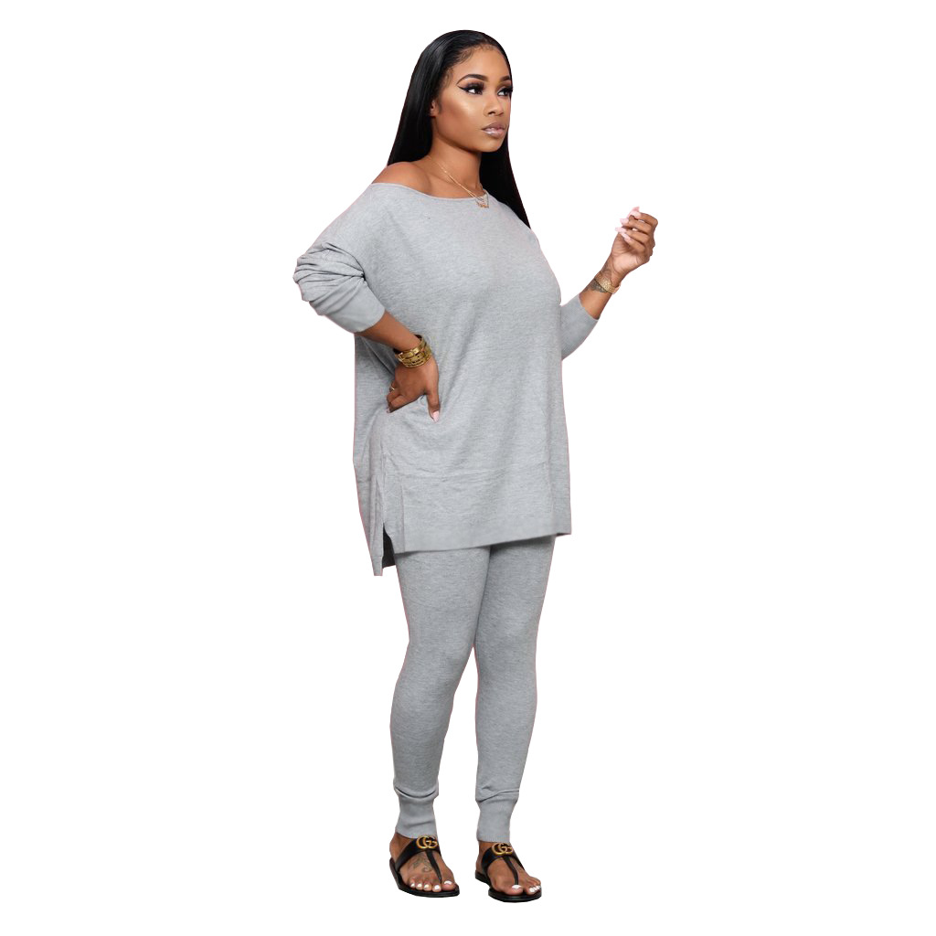 Pants Spot European and American sweater fabric autumn winter models solid color round neck side strapless loose casual two-piece suit