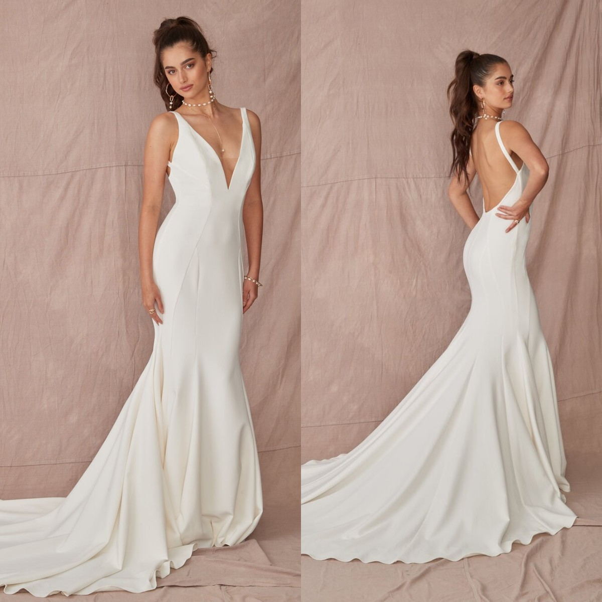 Autumn V Neck Dresses Backless Sweep Train Mermaid Wedding Dress Custom Made Simple Beach Bridal Gowns