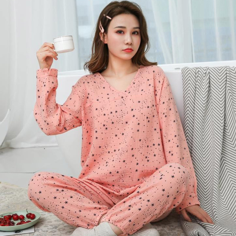 Woman Cotton V-Neck Water-washed pajamas Sets Texture Crepe Gauze Long sleeve trousers 2 Piece Spring Female Homewear Suit 201027