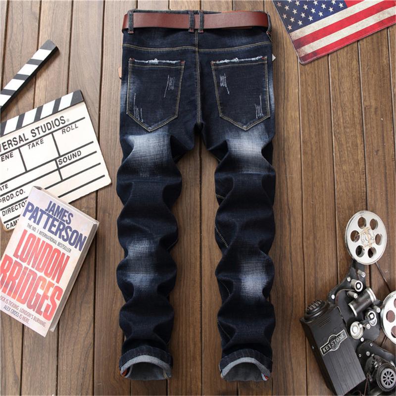 Men's Straight Leg Denim Jeans, Slim Fit, Navy Blue, Geometric Pattern, Hip Hop Style B2