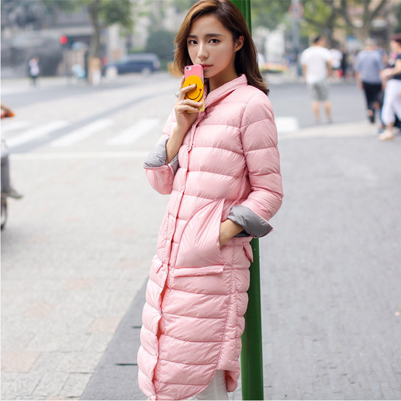 Woman Winter Padded Warm Coat Ultra Light Duck Down Jacket Long Female Overcoat Slim Solid Jackets Winter Coat Portable Parkas T200107
