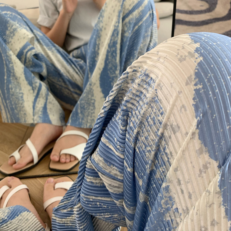 CHEERART Ribbed Summer Wide Leg Pants Women Trousers Tie Dye Elastic High Waist Blue Green Loose Palazzo Pants Streetwear 201012