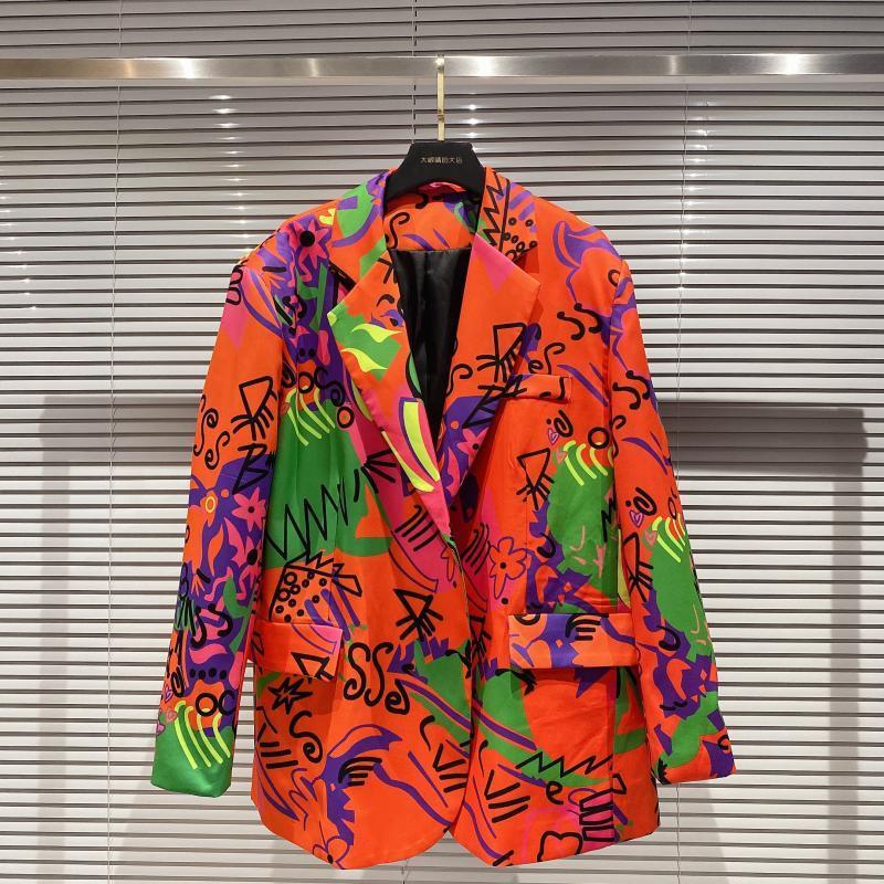 DEAT Autumn New Arrivals Long Sleeve Nothced Collar Orange Letters Graffiti Slim Blazer Women Coat Streetwear MK330 201201