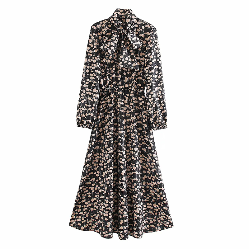 Za women dress elegant floral print mid calf stylish dress long sleeve bow tie Aline dresses female vintage slim vestidos T200320