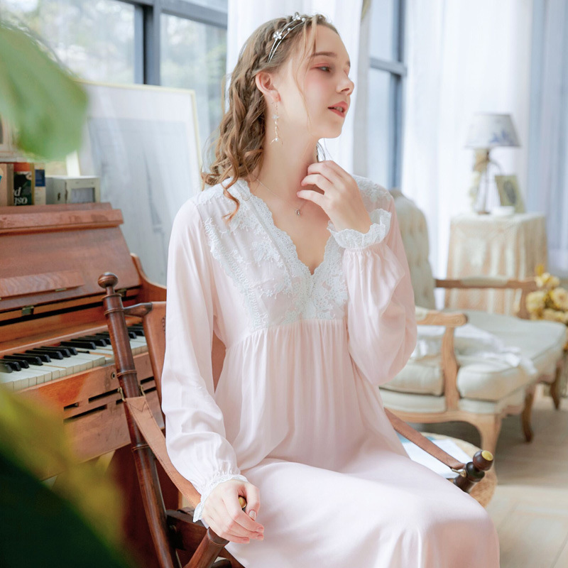 Elegant Women's Longsleeved Nightdress Retro Princess Sexy Lace Vneck Cotton Long Dress Loose Blue Pink White Home Night Dress T200429