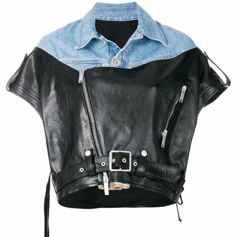 Denim stitching autumn temperament wild lapel leather sleeveless slimming zipper female jacket top 201029