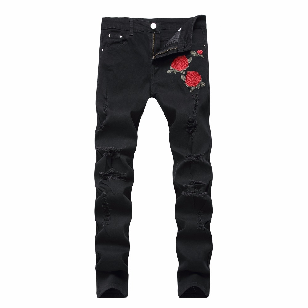 QUANBO 8 Colors Mens Ripped Jeans Fashion Embroidery Rose Men Jeans Light Blue Slim Fit Stretch Denim Pencil Pants 42 201128