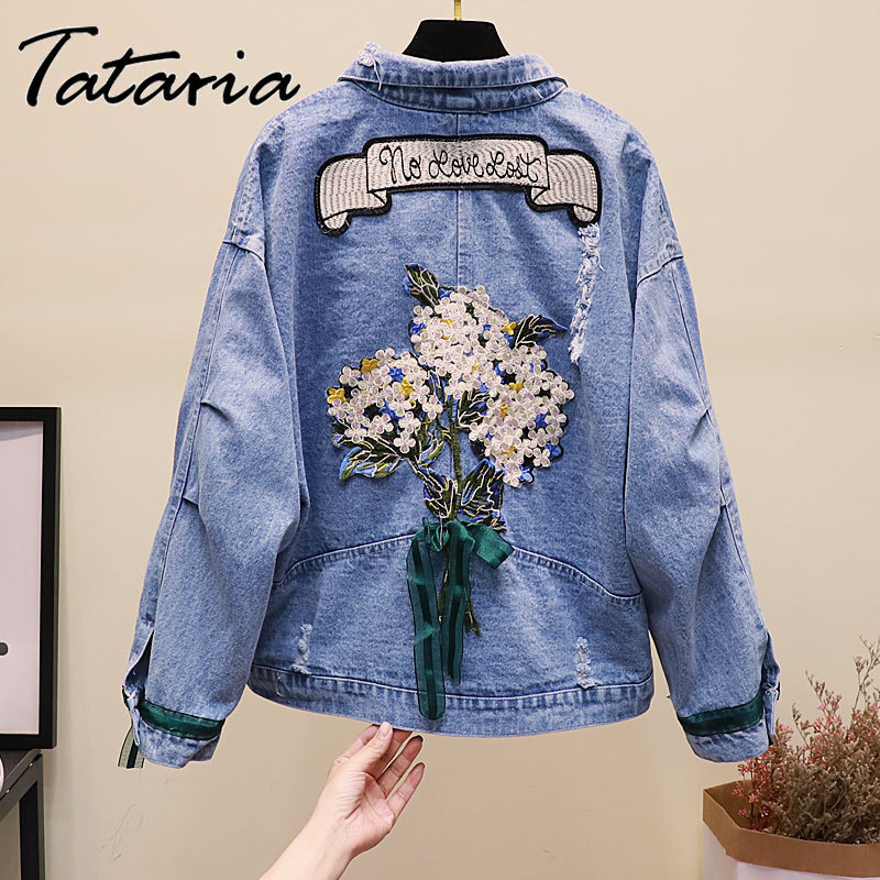 Women Embroidery Flowers Denim Jacket Turndown Collar Jean Jacket for Women Loose Casual Ripped Holes Jean Coat Female Outwear 201112