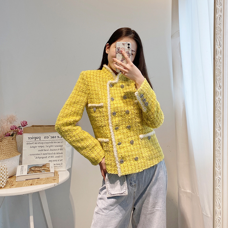 High Quality Runway Women Tweed Jacket Autumn Office Ladies Double Breasted Crystal Buttons Kpop Yellow Plaid Jackets Coat 201014